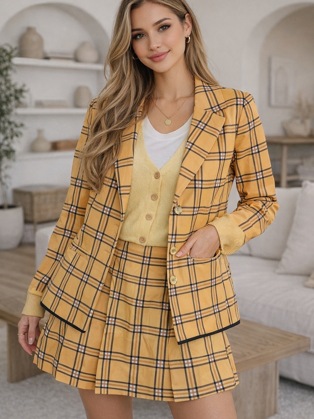 Yellow Plaid Women's Blazer and Skirt Set - Tailored Checked Jacket Set, Size L